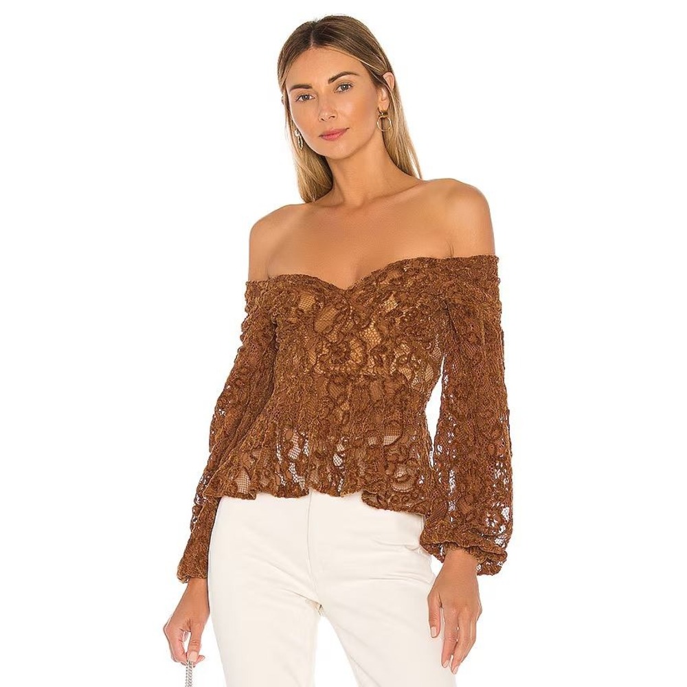 Tularosa Cameron‎ Velvet Lace Peplum Top Carmel Brown XS